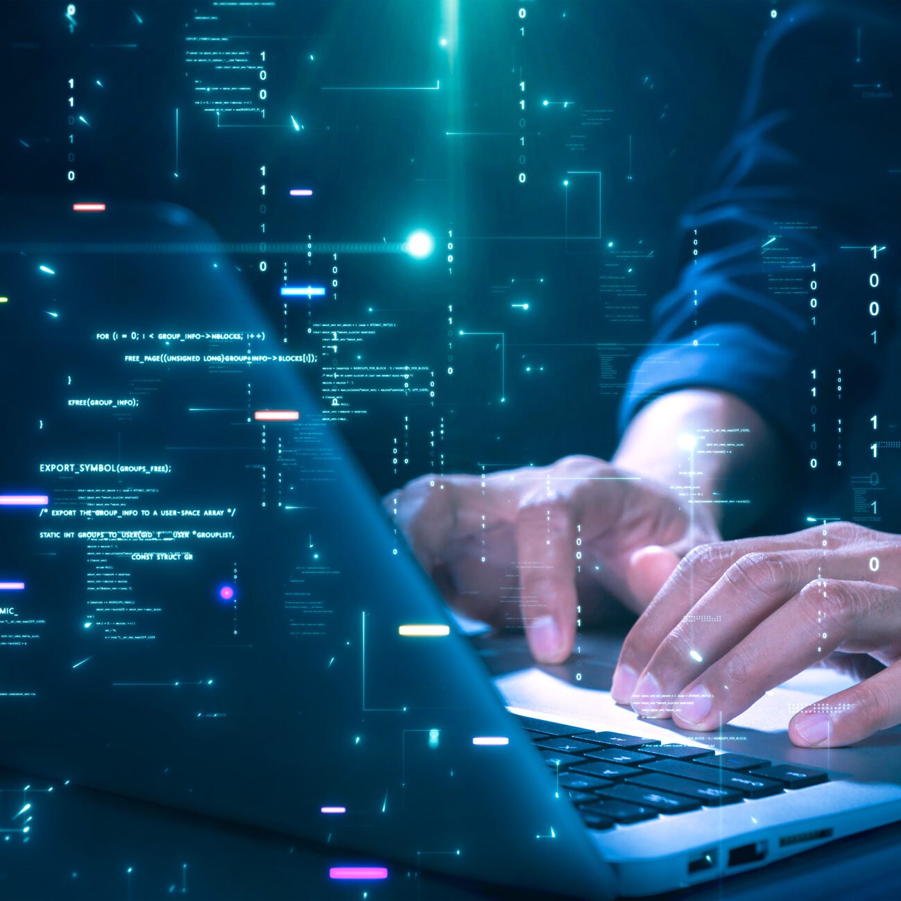 Close-up of hands typing on a laptop with glowing programming code and binary graphics, symbolizing cybersecurity technology coding or software development.