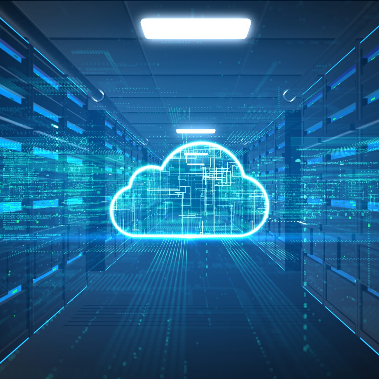 Cloud computing server room with digital data transfer, virtual cloud storage, and futuristic IT infrastructure for big data and web hosting. 3d Rendering